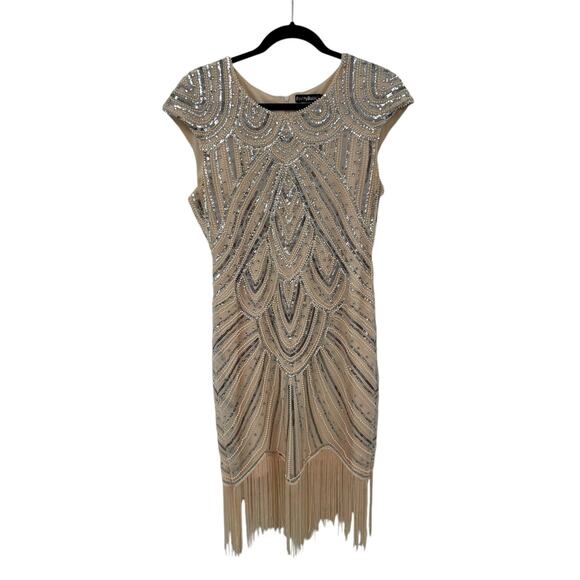 PrettyGuide Sequin Beaded Cap Sleeve Fringe Hem Flapper Dress Womens Medium - Picture 1 of 4